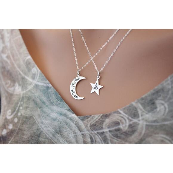 Sterling Silver Love You to the Moon and Back Charm Necklace Set - Picture 2 of 3